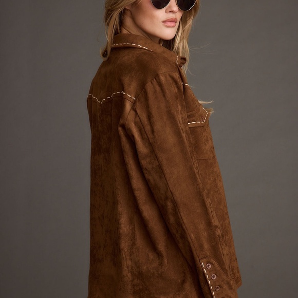 12th Tribe Rustic Pines Brown Suede Button Down Top Size SS - Picture 3 of 3